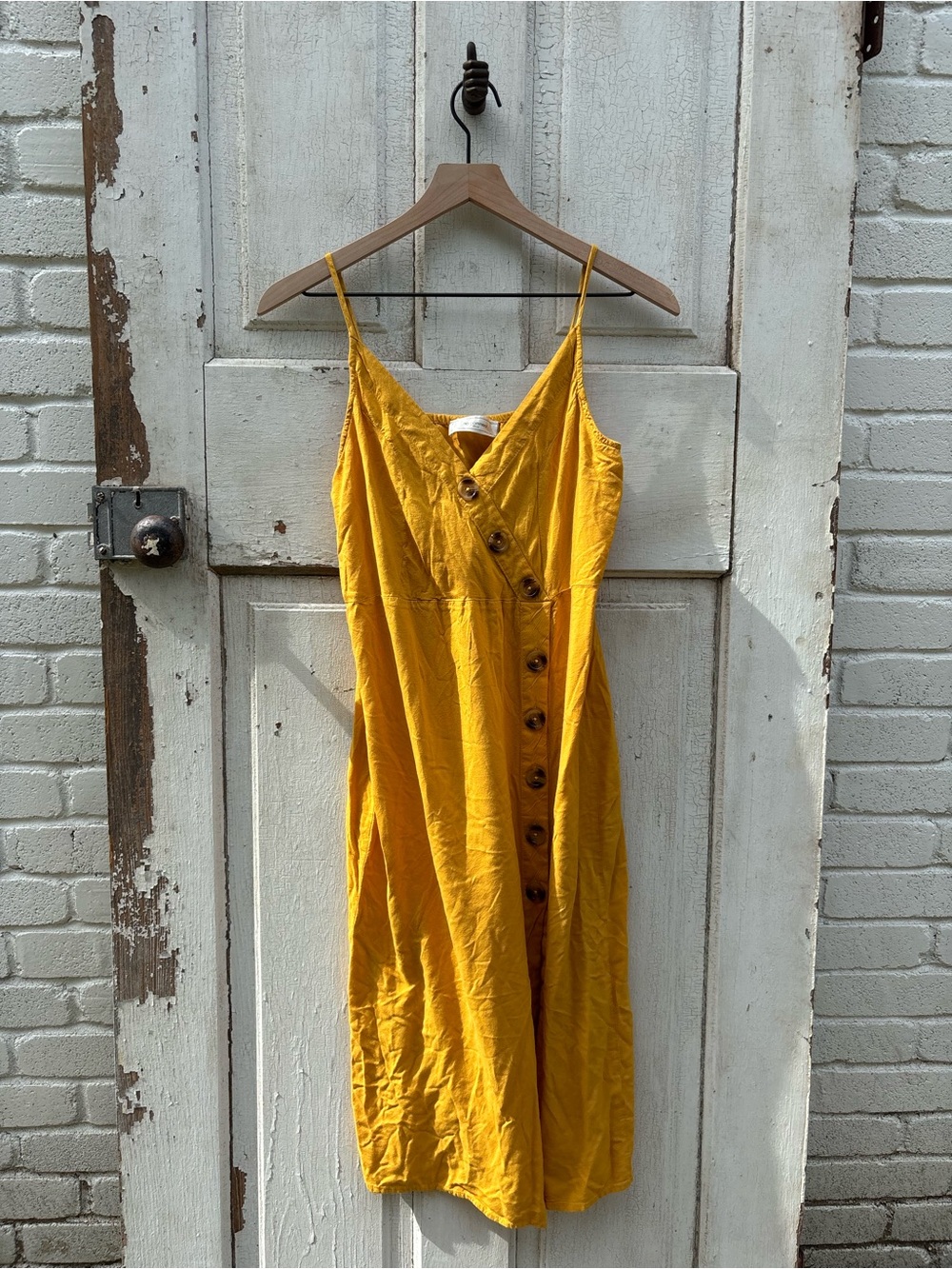 Spaghetti Strap Midi Dress with Asymmetric Button Front - Mustard Yellow
